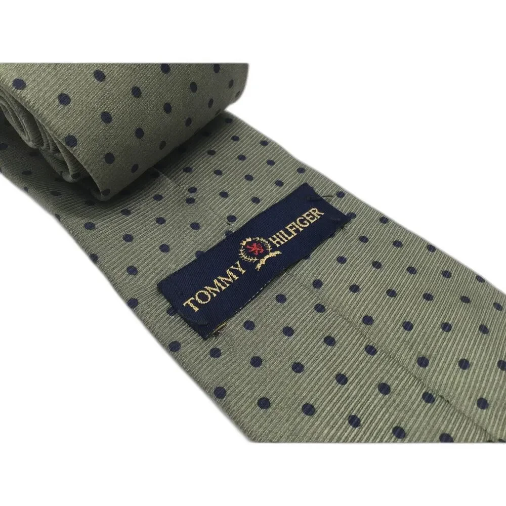 Tommy Hilfiger Italian Silk Tie Green Polka Dots 3.5 Inch Quiet Luxury Formal